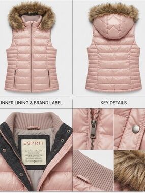 Esprit Quilted Puffer Vest with Faux Fur Hood – Size Small